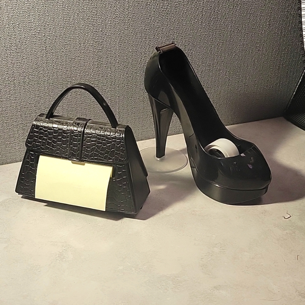 Desk accordion post-it note dispenser and "high heel" tape dispenser